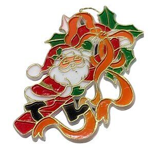 Christmas Santa Claus tree ornament plastic candy cane holly ribbon red READ